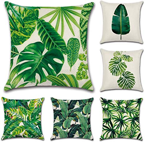 JOTOM Cotton Linen Square Cushion Cover Pillow Case Cover Home Bedroom Sofa Car Decor 45 x 45cm, Set of 6 (Green Leaf)
