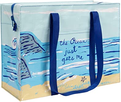 Blue Q Shoulder Tote, The Ocean Just Gets Me. This carry-everywhere bag features a hefty zipper, exterior pocket, wrap-around straps, reinforced floor, 95% recycled material, 11"h x 15"w x 6.25"d