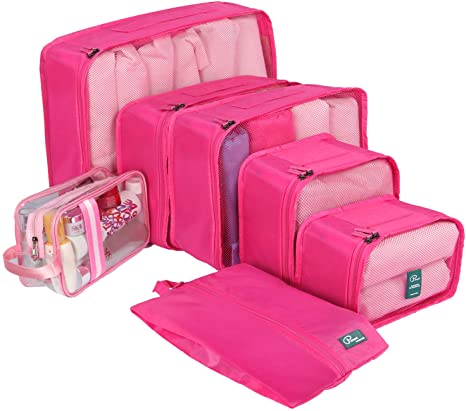 7 Set Packing Cubes-Large Capacity Travel Luggage Organizers with Shoe Bag & Toiletry bag-Pink