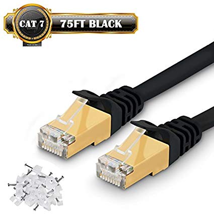 Cat 7 Ethernet Cable 75 ft - 10GB Fastest Shielded RJ45 Computer Internet Network Cable - Flat Patch Cable for Modem Router LAN (Black 75 ft)