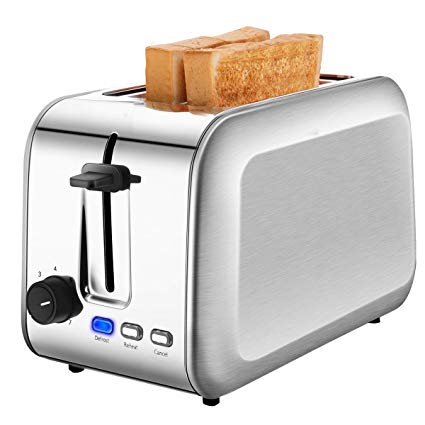 2 Slice Toaster, CUSIBOX Stainless Steel Toaster 2-Slice Wide Slot, with Defrost/Reheat/Cancel and Removable Crumb Tray