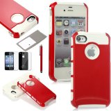 TCD for Apple iPhone 5 5S LIFETIME WARRANTY RED ON WHITE Hybrid Rugged Protective Defender Series Combo Case Cover Multiple Layers Shock Ultimate Protection FREE SCREEN PROTECTOR STYLUS PEN