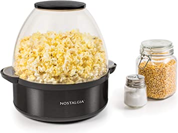 Nostalgia SP6BS Black Stainless Steel 6-Quart Stirring Speed Popcorn Popper With Quick-Heat Technology, Makes 24 Cups of Popcorn, With Kernel Measuring Cup, Oil Free, Makes Roasted Nuts