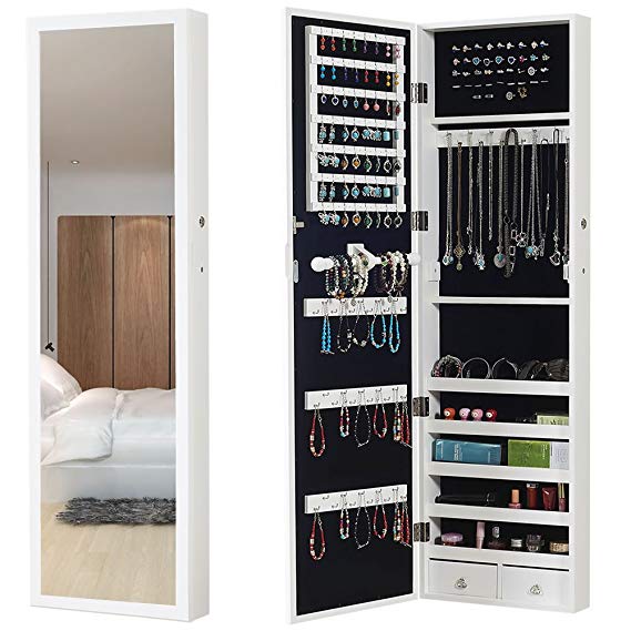 GISSAR Jewelry Cabinet Armoire Storage Organizer Locking Standing/WallMount Mirror,White