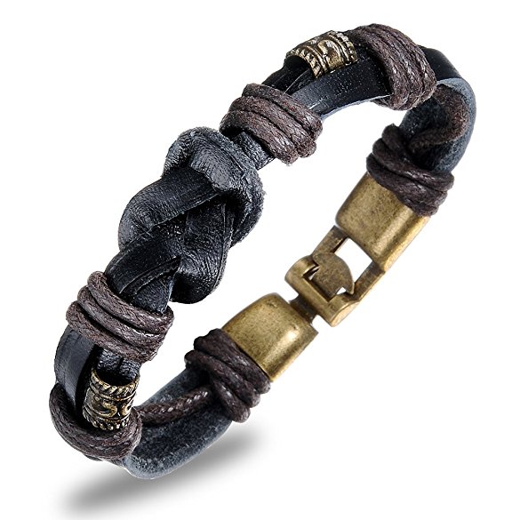 Flongo Men's Tribal Alloy Infinity Knot Braided Leather Bracelet Bangle Rope Bracelet Black Gold, 8.26 inch Chain