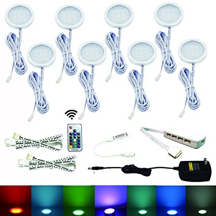 Aiboo RGB Color Changeable LED Under Cabinet Lights Kit 8 Packs of Aluminum Slim Puck Lamps for Chirstmas Xmas Decorating Kitchen Counter Wardrobe Counter Furniture Ambiance Lighting