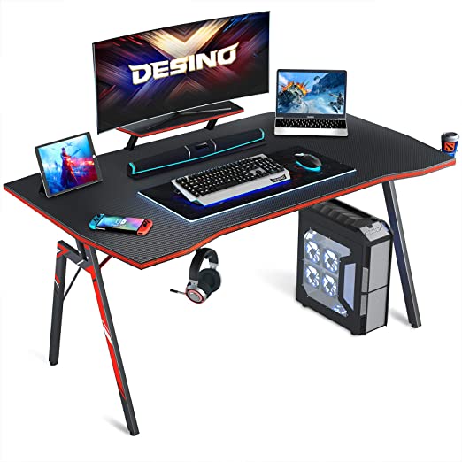 DESINO Gaming Desk 47 inch PC Computer Desk, Home Office Desk Table Gamer Workstation with Cup Holder and Headphone Hook, Black