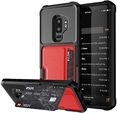 SmartLegend Wallet Case for Samsung Galaxy S9  Plus, Full Body with Card Holder Protective Carbon Fiber Credit Card Case Invisible Built-in Metal Plate - 6.2'' Red