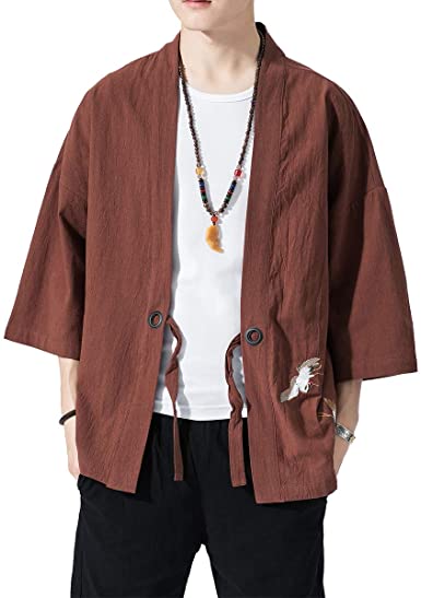 PRIJOUHE Men's Kimono Jackets Cardigan Lightweight Casual Cotton Blends Linen Seven Sleeves Open Front Coat Outwear