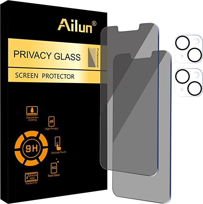 Ailun 2Pack Privacy Screen Protector for iPhone 14 Plus[6.7 inch]   2 Pack Camera Lens Protector, Anti Spy Private Tempered Glass Film, Case Friendly, [9H Hardness] - HD [Black]