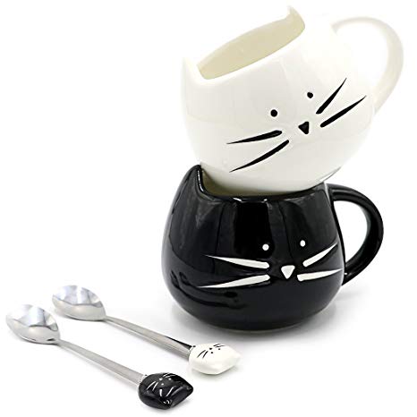 Teagas Cat Coffee Mugs for Crazy Cat Lady - Black & White Ceramic Cat Coffee Mugs and Cute Cat Spoons Set for Coffee Tea 12oz