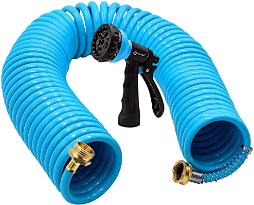 AUTOMAN-Garden-Water-Hose-Recoil, 50 Feet EVA Curly Water Hose with Brass Connectors, Watering Hose Coil, Includes 7-Pattern Function Sprayer, Retractable, Corrosion Resistant Garden Coil Hose. Blue