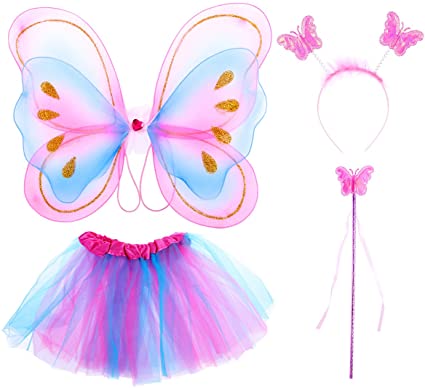 Tinksky 4Pcs Girls Fairy Costumes with Wings Headband Kids Fairy Princess Costume Set Tutu Skirt Butterfly Wing Wand Headband Party Costume, Colorful, M