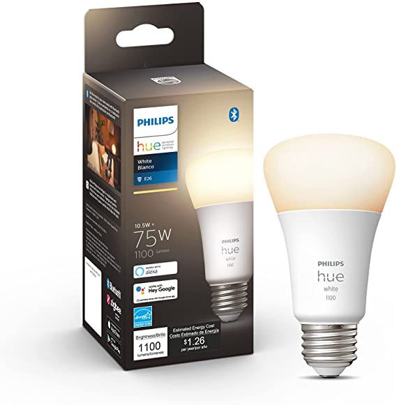 Philips Hue White A19 Medium Lumen Smart Bulb, 1100 Lumens, Bluetooth & Zigbee Compatible (Hue Hub Optional), Compatible with Alexa & Google Assistant