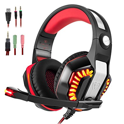 Stereo Gaming Headset for PS4 Xbox One, Beexcellent Wired Bass Over Ear PC Gaming Headphones with Mic/Surround Sound/Noise Cancelling/Volume Control/LED Light for Laptop/Mac/iPad/Smartphone/Computer