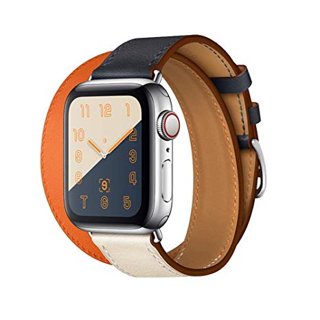 44 mm / 42 mm Leather Band Compatible with iWatch 44mm 42mm, Genuine Leather Strap Watch Bands Replacement for iWatch Series 4 44 mm Series 3 Series 2 Series 1 42 mm, Black White Orange