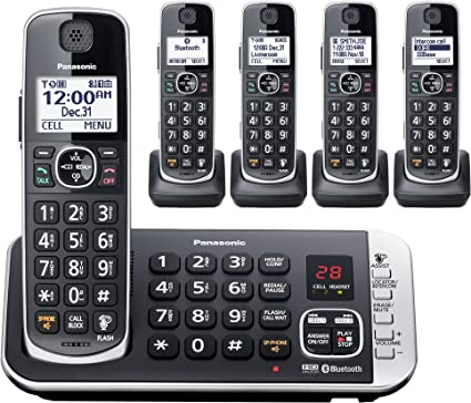 Panasonic Link2Cell Bluetooth DECT 6.0 Expandable Cordless Phone System with Answering Machine and Enhanced Noise Reduction - 5 Handsets - KX-TGE675B (Black)