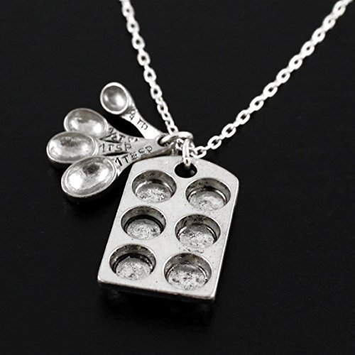 STERLING SILVER Baking Charm Necklace . Baking Pan and Measuring Spoons . Bakers Jewelry
