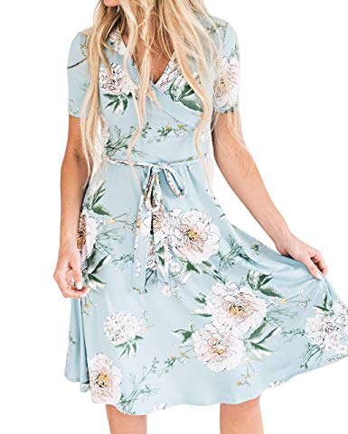 Foshow Womens Short Sleeve Dresses Floral Empire Waist Midi Vintage Summer Dress with Pockets