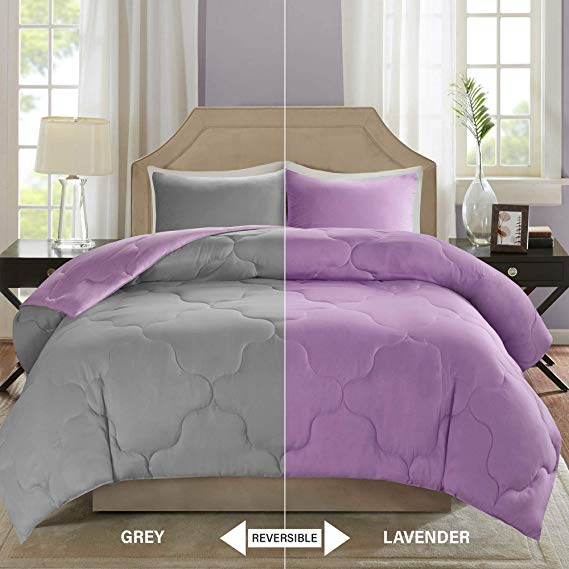 Comfort Spaces – Vixie Reversible Goose Down Alternative Comforter Mini Set - 3 Piece – Purple and Gray – Stitched Geometrical Diamond Pattern – Full/Queen Size, Includes 1 Comforter, 2 Shams