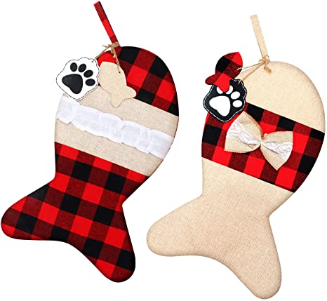 2 Pieces Burlap Pet Christmas Stockings Buffalo Plaid Large Fish Shaped Bow Pets Christmas Stockings for Christmas Tree Home Party Decorations