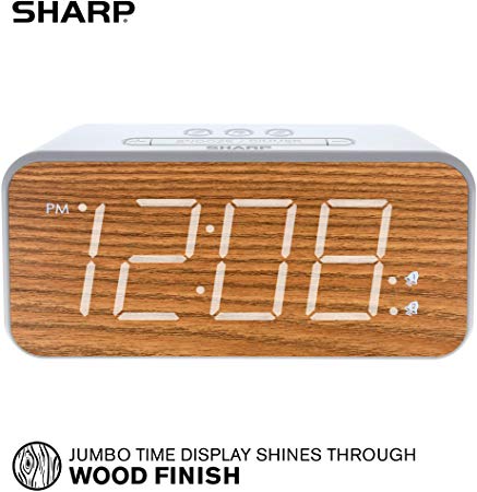 SHARP Dual Alarm with Jumbo Easy to Read 1.8” White LED Display and Faux Wood Finish – 3 Step Dimmer Control – Battery Back-up – SPC736