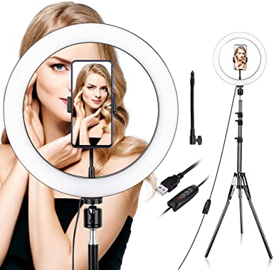 Ring Light with Stand and Phone Holder, 10 inch Dimmable Ring Light Kit with 3 Colors & 10 Brightness, USB Powered, Heighten Hose, Circle Light for iPhone, Selfie,Youtube Video, Live Streaming, Makeup