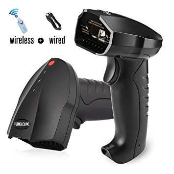 WELQUIC 2.4G Wireless USB Barcode Scanner Portable Handheld Laser Reader for Windows iOS Android Devices (32-bit Decoder, 2000mAh Rechargeable Battery, 4500 Entries Storage), Black