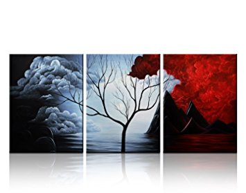 Santin Art- the Cloud Tree-Modern Abstract Painting High Q. Wall Decor Landscape Paintings on Canvas Larger Size 16x24inch 3pcs/set Stretched and Framed Ready to Hang