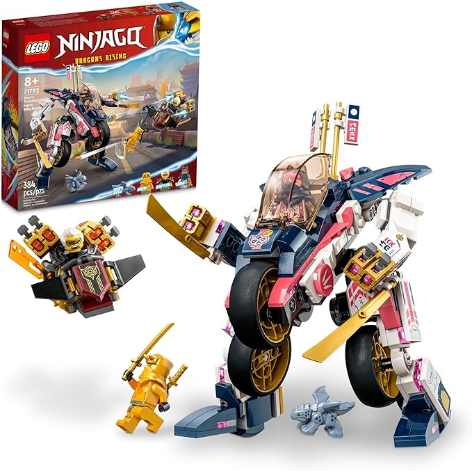 LEGO NINJAGO Sora’s Transforming Mech Bike Racer 71792 Ninja Toy Building Set for Kids, Featuring a Ninja Bike Racer Mech, Baby Dragon and 3 Minifigures, for Kids Ages 8 and Up