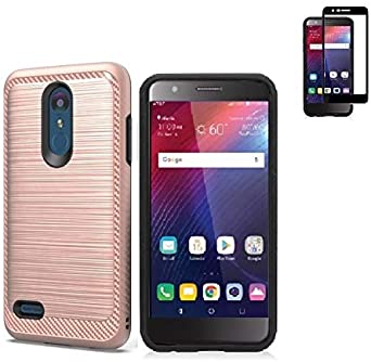 Phone Case for AT&T PREPAID LG Xpression Plus/LG Phoenix Plus, LG Harmony 2 / LG Premier Pro, Brushed Style Dual Layer Cover Case   Tempered Glass Screen Protector (Rose Gold)