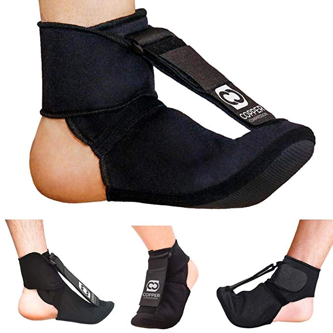 Copper Compression Plantar Fasciitis Night Splint Sock. Planter Fasciitis Support Dorsal Drop Foot Brace for Right or Left Foot. Soft Stretching Boot Splints for Feet, Sleep, Recovery Socks, Braces