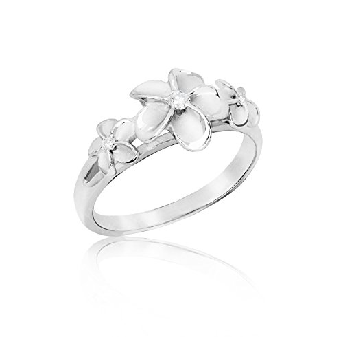 Hawaiian Three Plumeria Ring in Sterling Silver with CZ