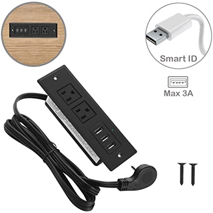 Furniture Recessed Power Strip with Flat Plug, Recessed Desk Outlet with 3.5A Max USB, In Conference Desk Recessed Power Outlets Socket, Desktop Power Grommet with 6.56ft Power Cord