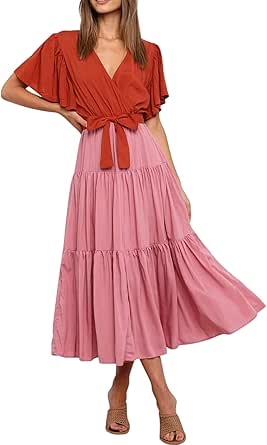 R.Vivimos Summer Dress for Women Cotton Ruffle Short Sleeves V Neck Casual Flowy Midi Dress with Belt