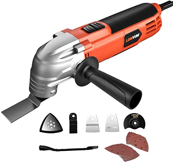 Oscillating Tool, Lomvum 2A Corded Oscillating Multitool Kit with 3° Oscillation Angle and 6 Variable Speed Oscillating Saw for Cutting/Sanding/Scraping/Ground Removal
