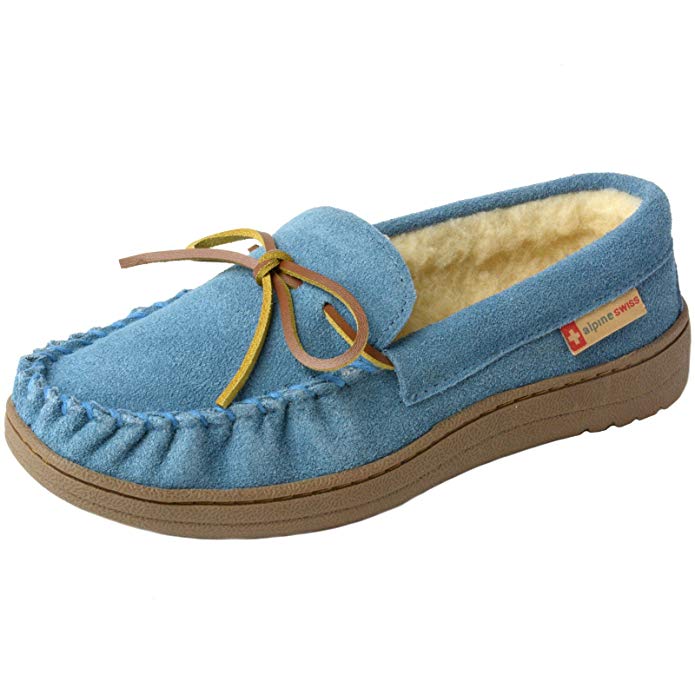 alpine swiss Sabine Womens Genuine Suede Shearling Slip On Moccasin Slippers