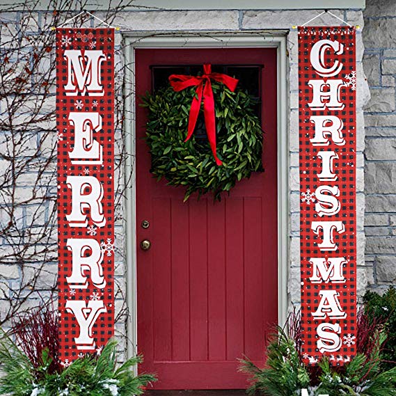 O-Heart Merry Christmas Banner, Buffalo Plaid Christmas Porch Sign Hanging Xmas Decorations Indoor Outdoor for Home Wall Front Door Apartment Party