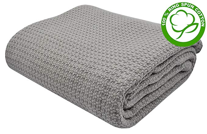 VALUE HOMEZZ, 100% Soft Ringspun Cotton Thermal Blanket - Queen Grey Easy Care Soft Cotton Blankets Houndstooth Design (Queen - 90 x 90 Inches, Grey)
