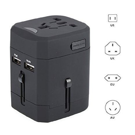 SiFree Universal World Travel USB Charger with Different Countries Plug Two Dual USB Port AC T6A Fuses Safety Wall Outlet (Black)