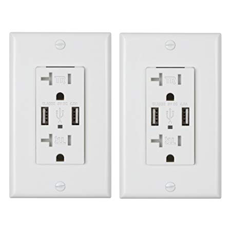 BN-LINK In-Wall Electrical Outlet with Dual 4.8A High Speed USB Charger Outlet, 20A Tamper-Resistant Receptacle Outlet, 2 Pack, White