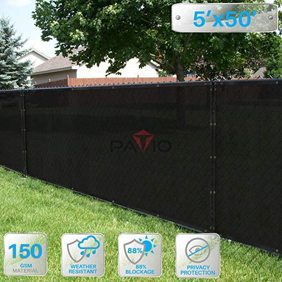Patio Paradise 5' x 50' Black Fence Privacy Screen, Commercial Outdoor Backyard Shade Windscreen Mesh Fabric with Brass Gromment 85% Blockage- 3 Years Warranty (Customized