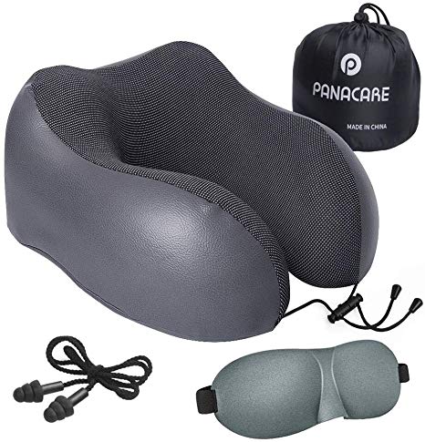 Travel Pillow, PANACARE 100% Pure Memory Foam Neck Pillow, Premium Soft Leather Cover for Removable, Airplane Travel Sleeping Kit with Eye Mask and Earplugs, Great for Flight Travel Office, Grey