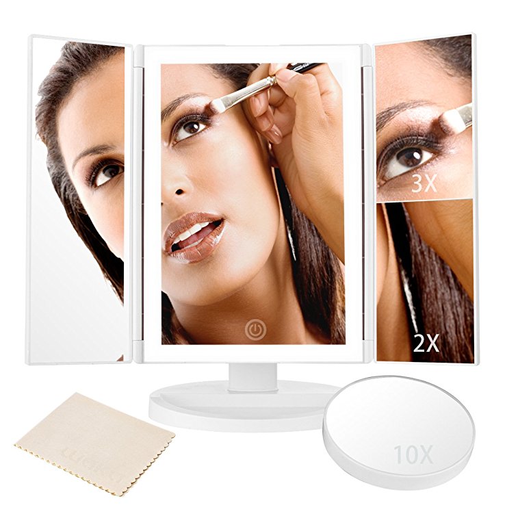 LED Makeup Mirror Lighted Vanity Makeup Mirror, Tri-folding Illuminated Cosmetic Mirror with Full-rim Light Band 10X 3X 2X 1X Magnification Spot Mirror and Dimming Touch Screen, 180 Degree Free Rotation Tabletop Cosmetic Make up Mirror with USB cable   Microfiber Cleaning Cloth