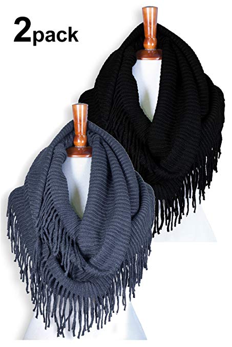 Basico Women Winter Warm Knit Infinity Scarf Tassels Soft Shawl Various Colors