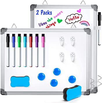 12" x 16" White Boards, Ohuhu 2 Packs Double Side Magnetic Hanging Whiteboards/Dry Erase Board with 8 Whiteboard Markers, Dry Erase White Board for Fridge, Wall, Glasses, Home Office, Back to School Supplies, Aluminum Frame