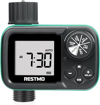 RESTMO Sprinkler Timer for Zero and Low Water Pressure, Ball Valve Hose Timer for Rain Barrel, Drip Irrigation, Outdoor Garden Faucet and Lawn Sprinkler, Automatic Digital Control and Manual Watering