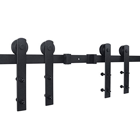 SMARTSTANDARD 12ft Double Door Sliding Barn Door Hardware (Black) (I Shape Hangers) (2 x 6.0 foot Rail)