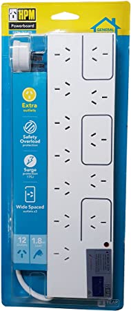 HPM 12 Outlet Surge Protected Powerboard, White