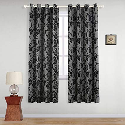 NAPEARL Curtain Panel Jacquard Semi-Blackout Grommet Home Drape Living Room (Black 2, 52" Wx84 L)